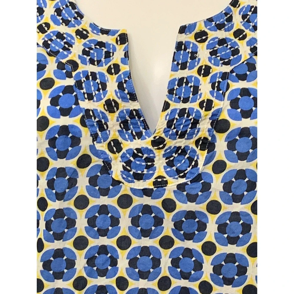 Talbots Women's 2X Tunic Top Blue Yellow Geometric Floral Cotton Split Neck